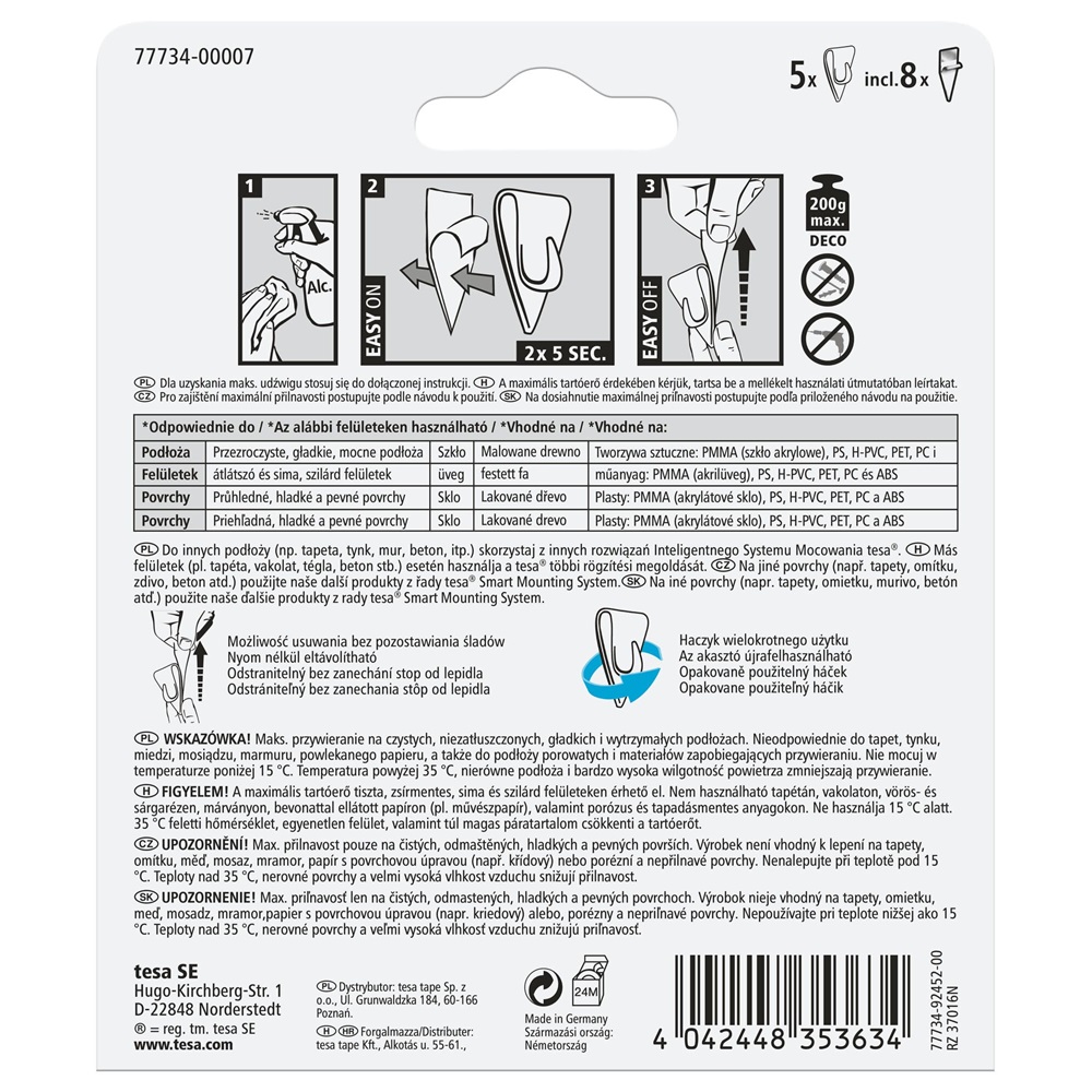 Akasztó öntapadós műanyag 0,2 kg teherbírású 5 darab/bliszter Tesa Powerstrips átlátszó - Image 5