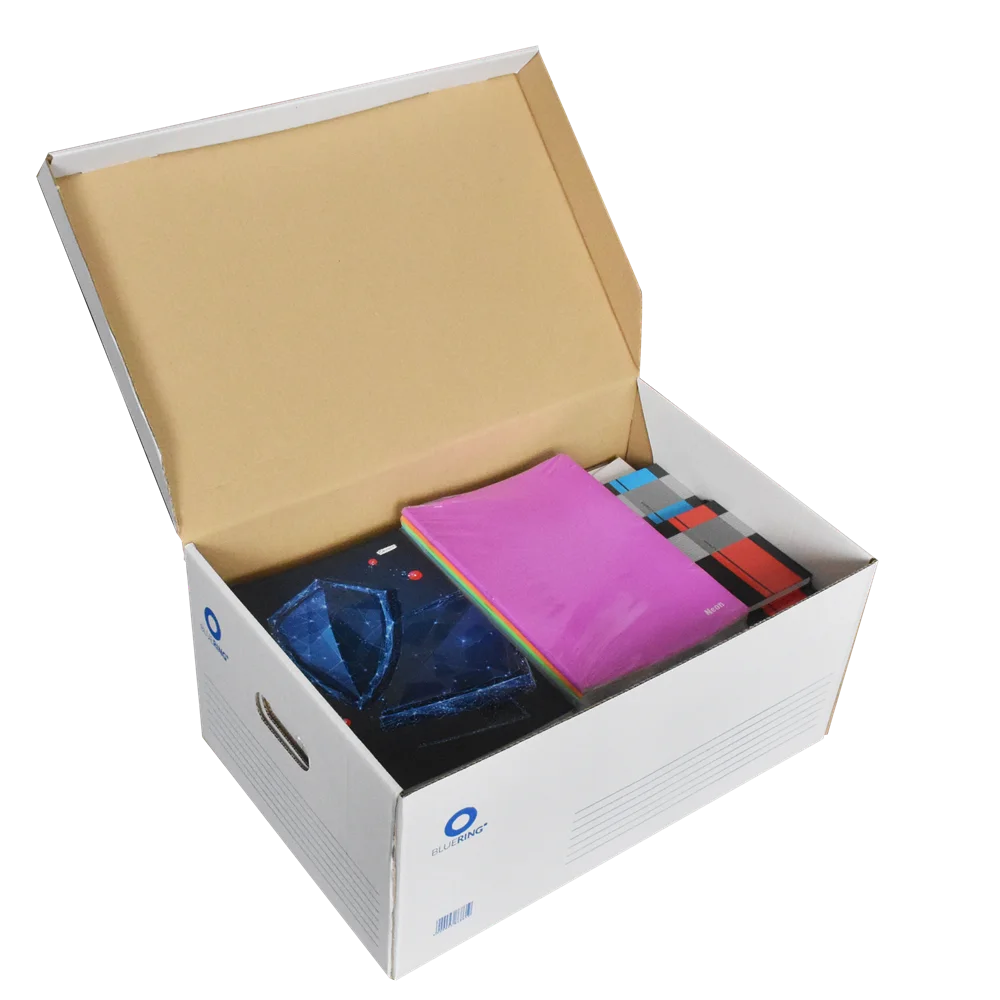 Archiváló konténer karton doboz fedeles 54x36x25cm, felfelé nyíló tetővel Bluering® fehér-kék - Image 4