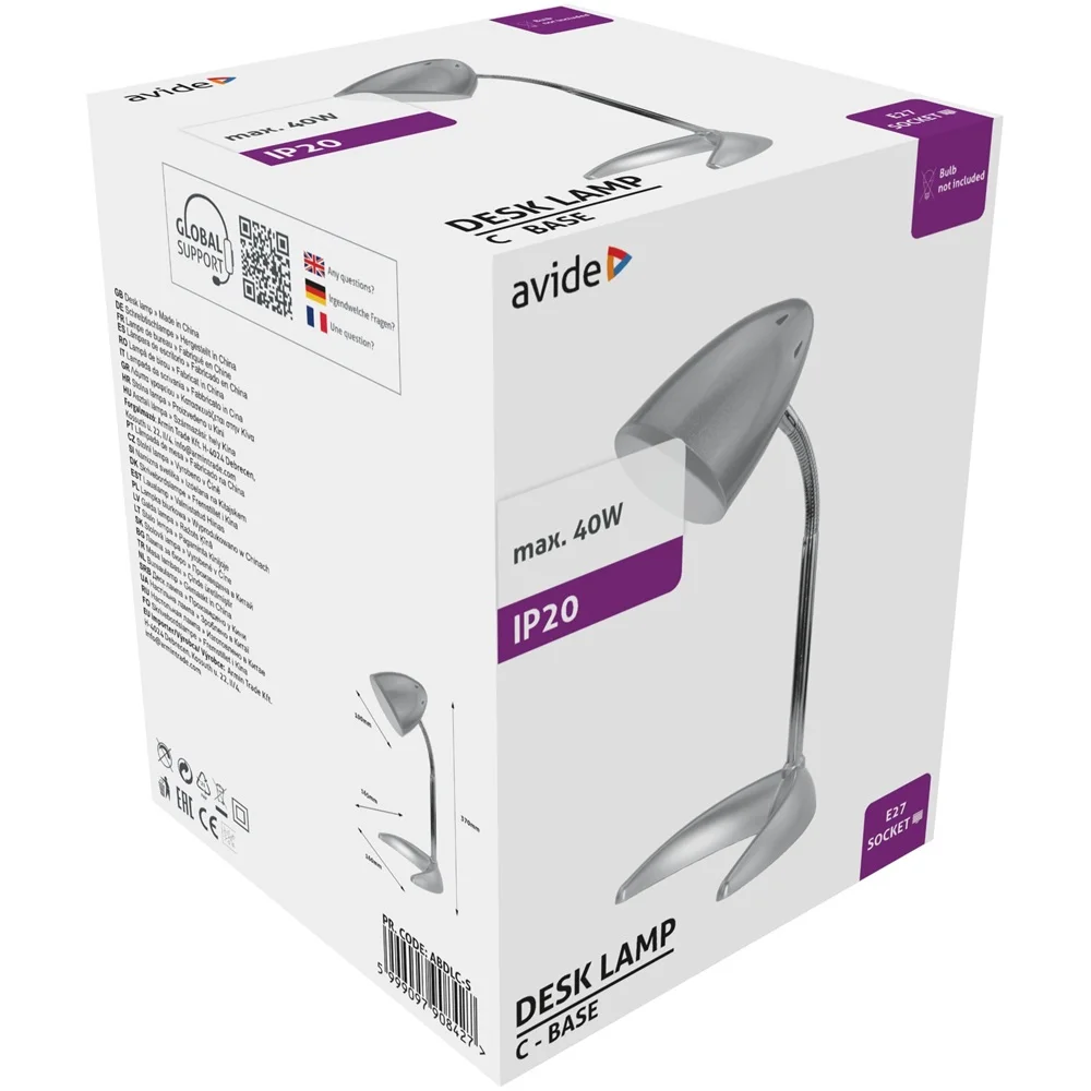 Asztali lámpa, Basic, C-talpas, max. 40W, AVIDE, ezüst - Image 6