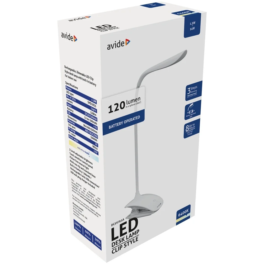 Asztali LED lámpa, csiptethető, 1,5W, 6400K, AVIDE, fehér - Image 2