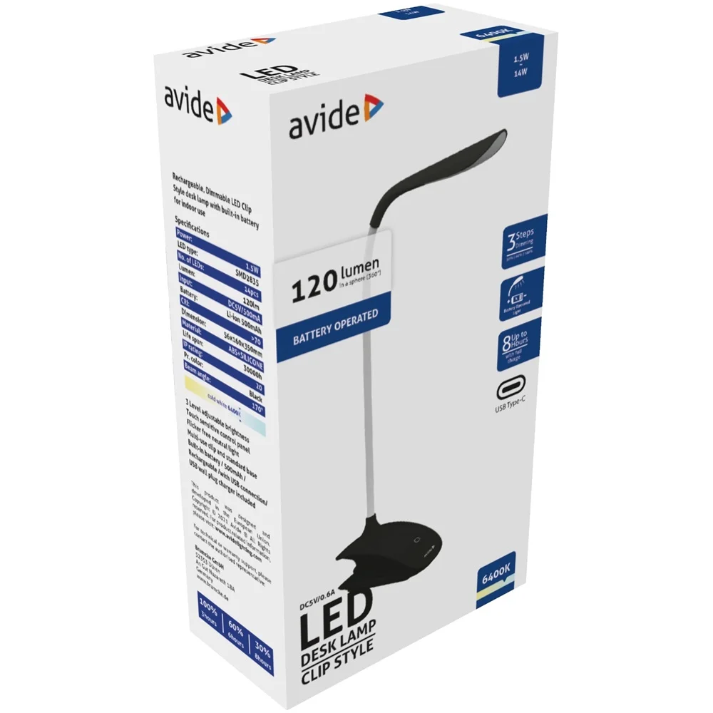 Asztali LED lámpa, csiptethető, 1,5W, 6400K, AVIDE, fekete - Image 2