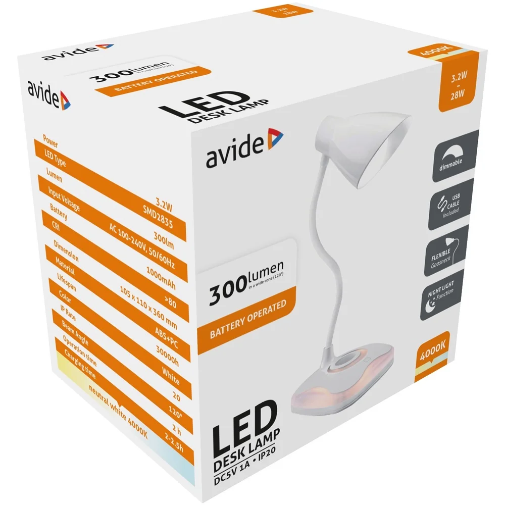 Asztali LED lámpa, USB, 3,2W, 4000K, AVIDE, fehér - Image 2