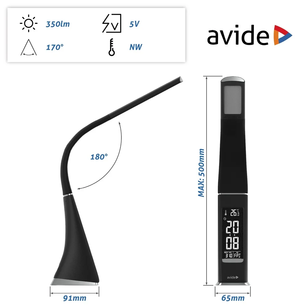 Asztali LED lámpa, kijelzős, 6W, 5000K, AVIDE, fekete - Image 4