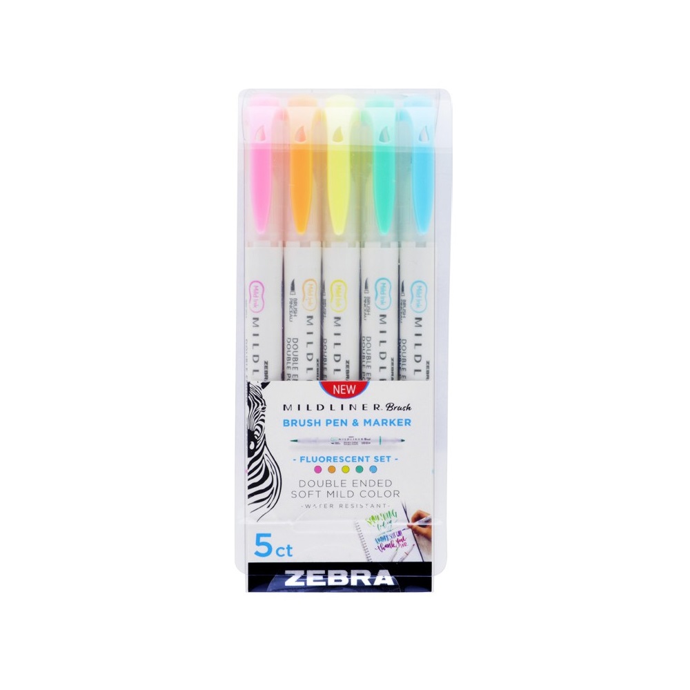 Ecsettoll készlet, kétvégű Zebra Mildliner Fluorescent, 5 különböző szín