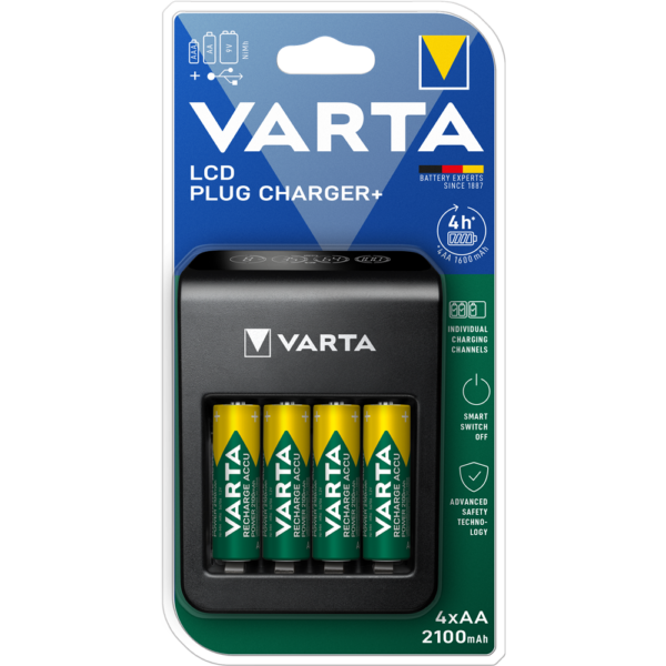 Elemtöltő, akku LCD Plug töltő + 4 db AA 2100 mAH Varta
