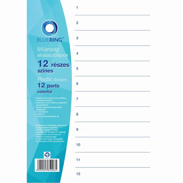 Elválasztólap, színes műanyag 12 részes Bluering®