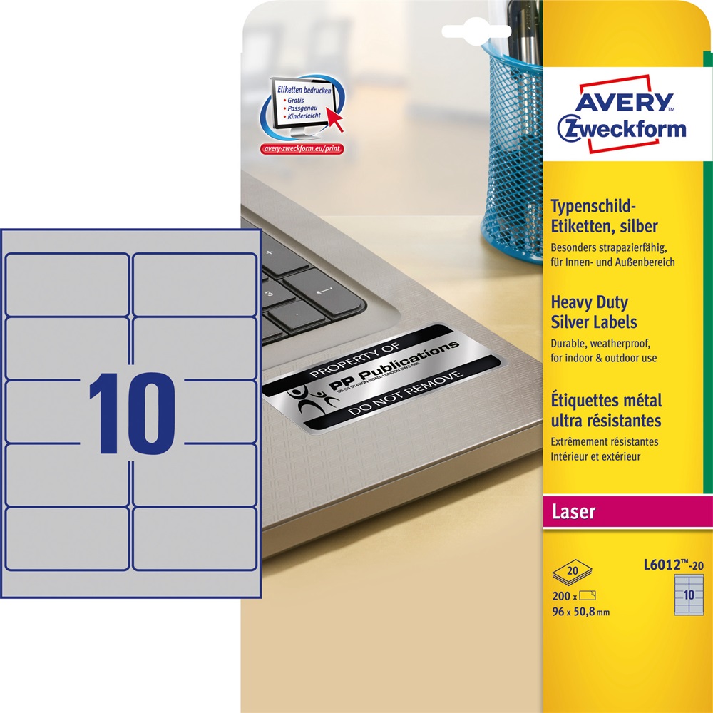 Etikett címke, 96x50,8mm, 20lap 10 címke/lap ipari ezüst poliészter Avery - Image 2