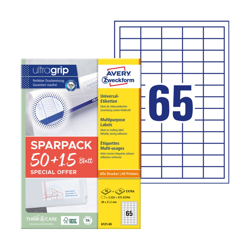 Etikett címke, 38x21,2mm, univerzális, 65 lap, 65 címke/lap Avery, fehér