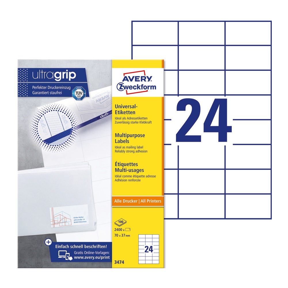 Etikett címke, 70 x37mm, univerzális, 24 címke/ív, 100 ív/doboz, Avery fehér - Image 2