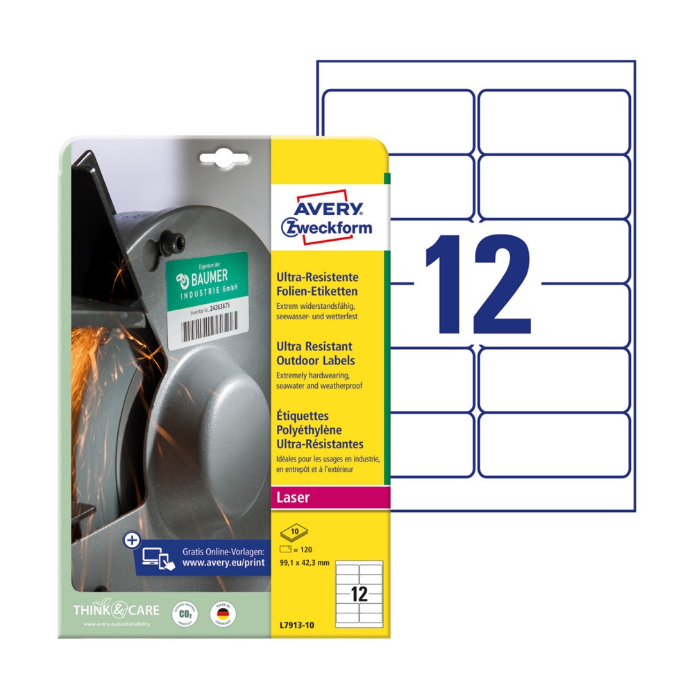 Etikett címke, 99,1 x42,3mm, ultra ellenálló 12 címke/ív, 10 ív/doboz, Avery fehér