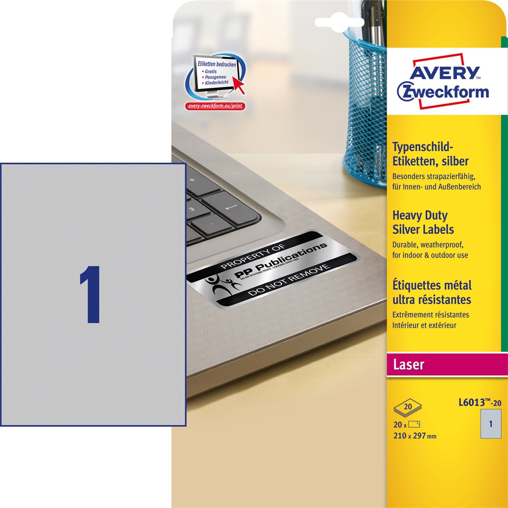 Etikett címke, 210 x297mm, ipari poliészter, 1 címke/ív, 20 ív/doboz, Avery ezüst - Image 2