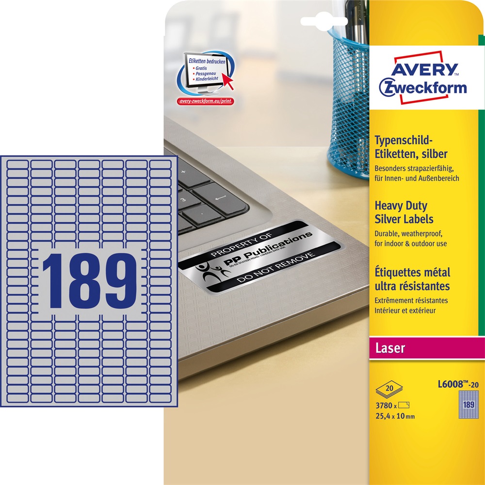 Etikett címke, 25,4 x10mm, ipari poliészter, 189 címke/ív, 20 ív/doboz, Avery ezüst - Image 2