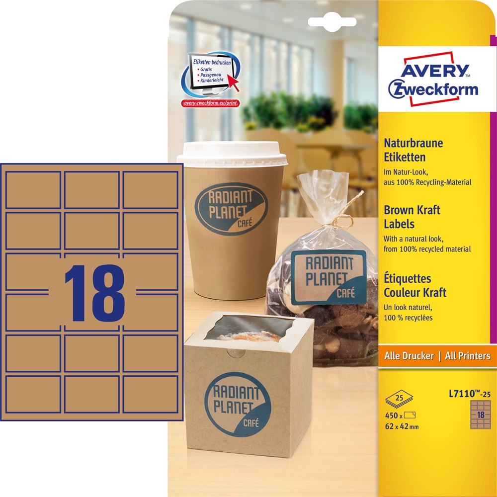 Etikett címke, 62 x42mm, környezetbarát 18 címke/lap, 25 lap/doboz, Avery barna - Image 2