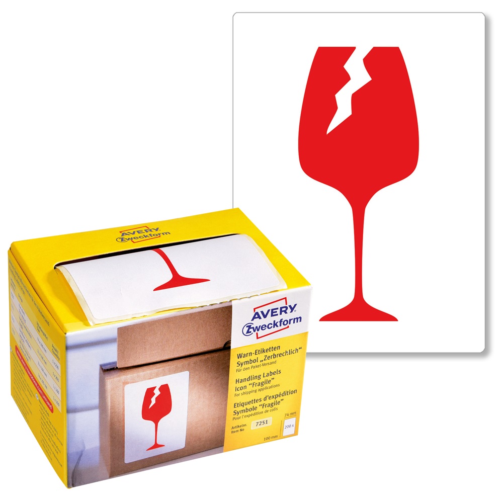 Etikett címke, piktogram Törékeny, óvatosan kezelendő! 74 x100mm,tekercses, 200 címke/doboz, Avery piros - Image 2