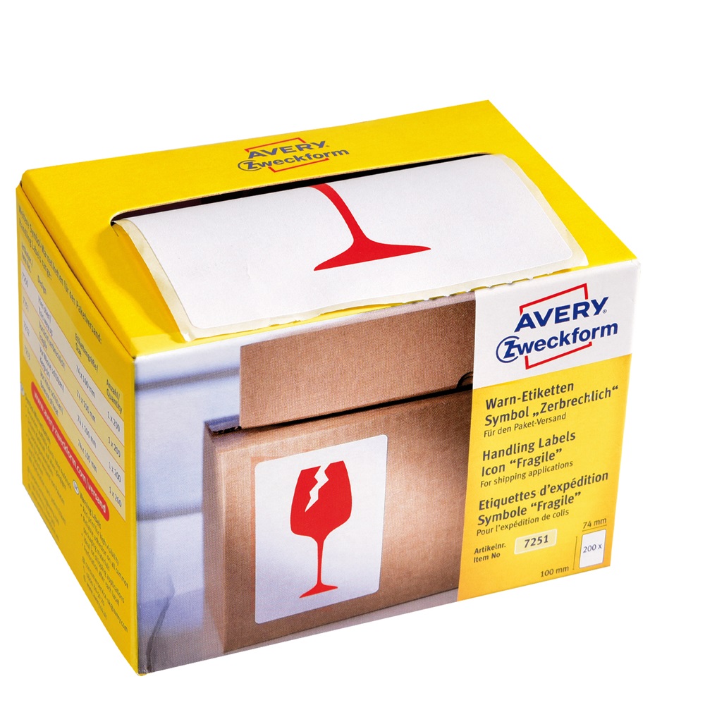 Etikett címke, piktogram Törékeny, óvatosan kezelendő! 74 x100mm,tekercses, 200 címke/doboz, Avery piros - Image 3
