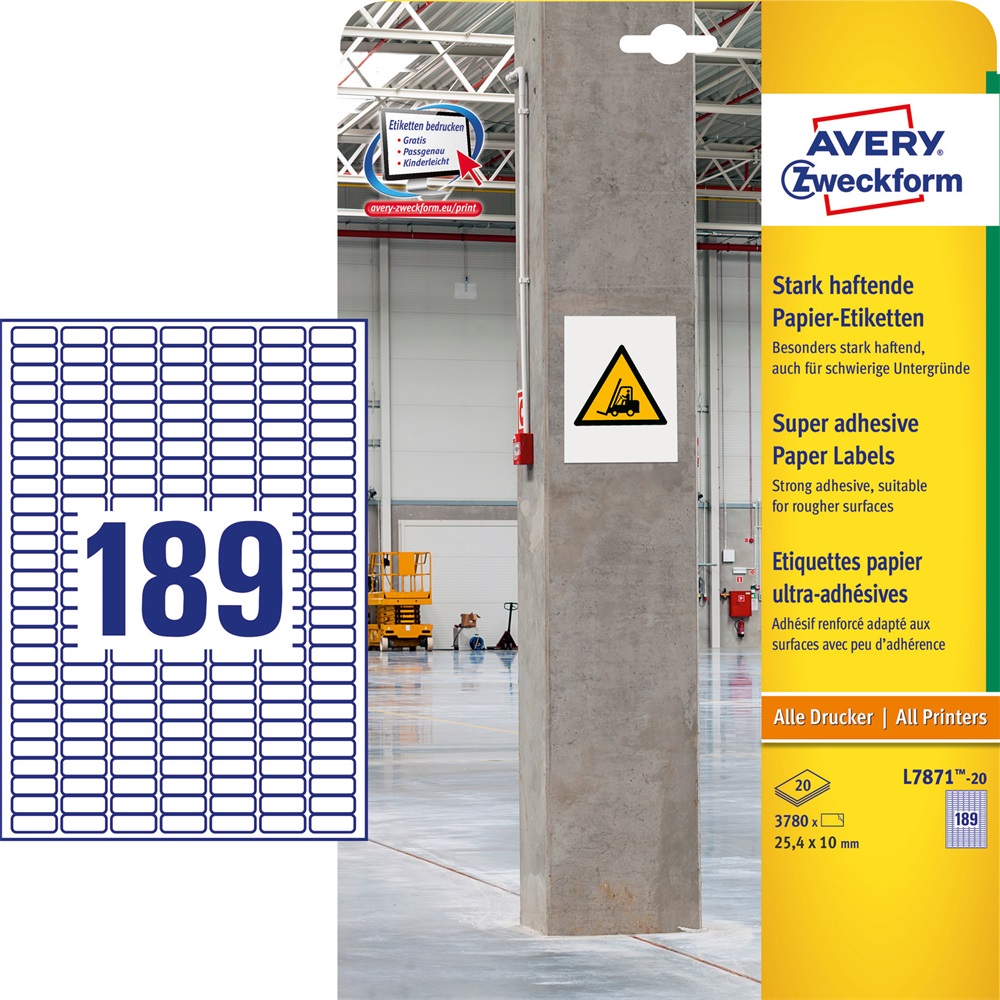 Etikett címke, 25,4 x10mm, szuper tapadású 189 címke/ív, 20 ív/doboz, Avery fehér - Image 2