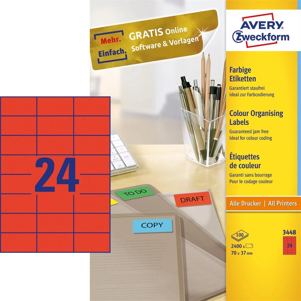 Etikett címke, 70 x37mm, univerzális, 24 címke/ív, 100 ív/doboz, Avery piros - Image 2