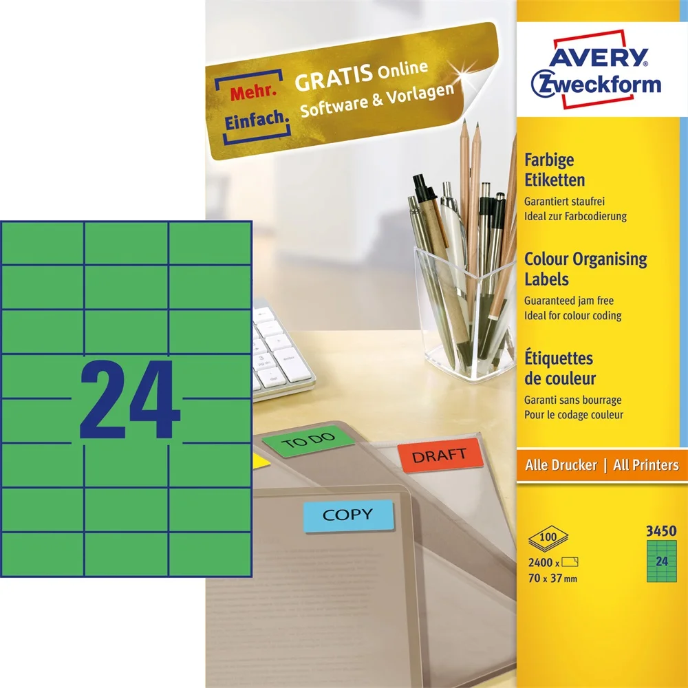 Etikett címke, 70 x37mm, univerzális, 24 címke/ív, 100 ív/doboz, Avery zöld - Image 2