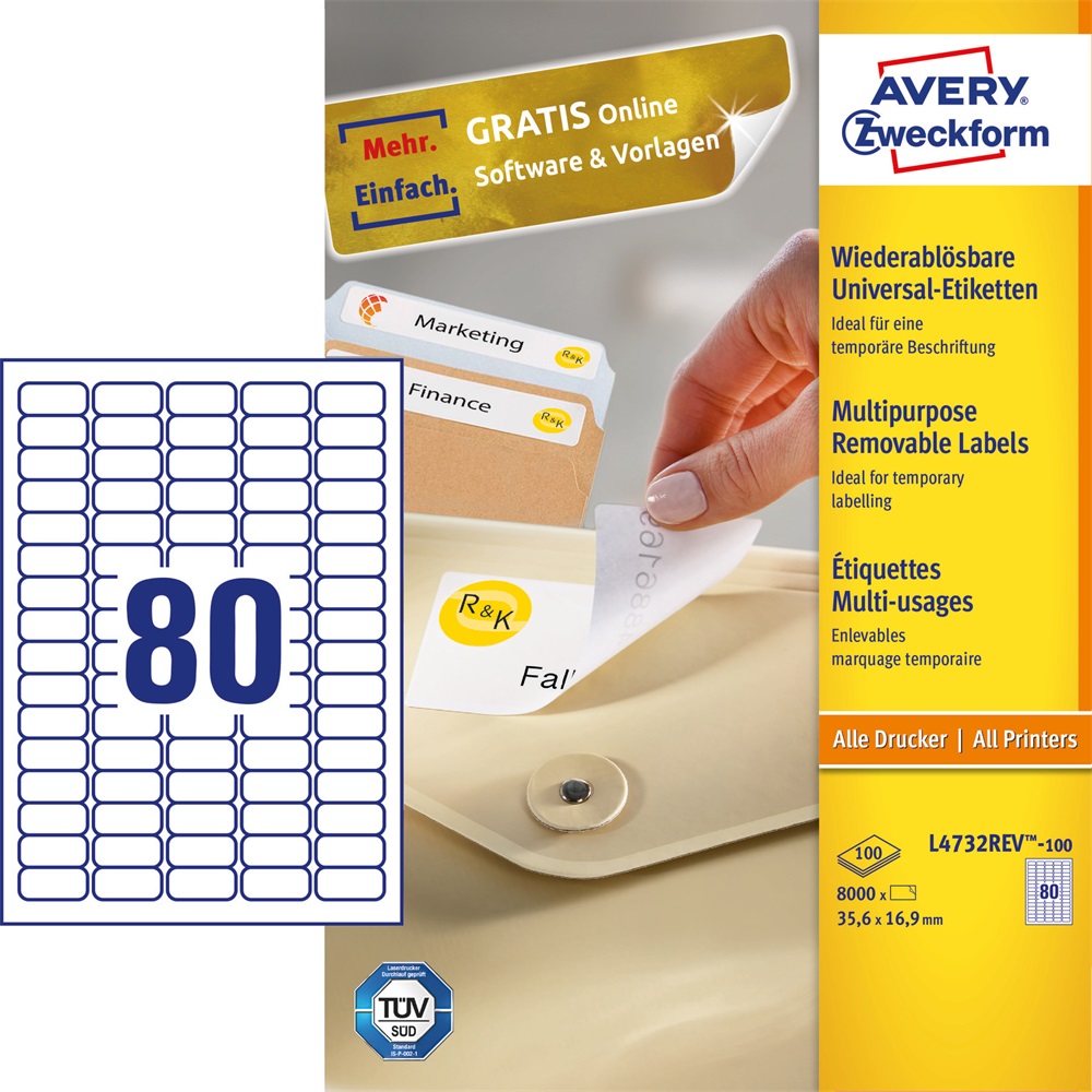 Etikett címke, 35,6 x16,9mm, univerzális visszaszedhető, 80 címke/ív, 100 ív/doboz, Avery fehér - Image 2