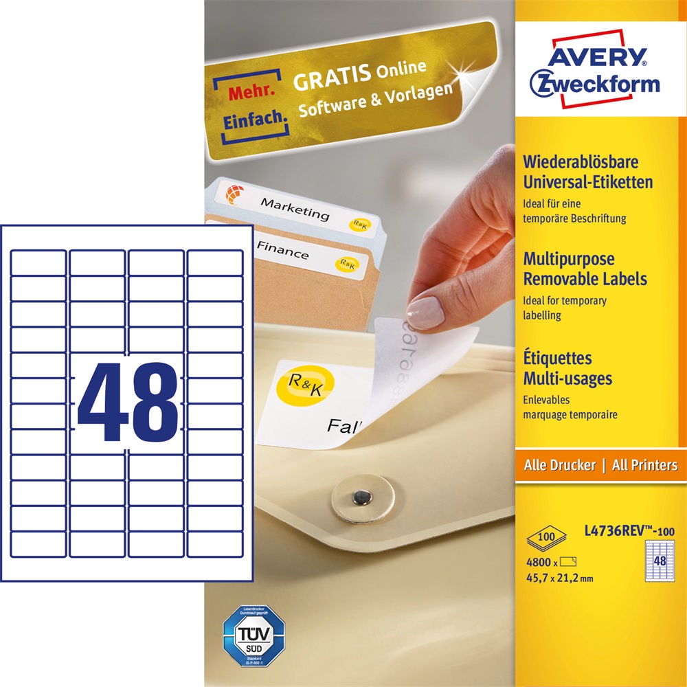 Etikett címke, 45,7 x21,2mm, univerzális visszaszedhető, 48 címke/ív, 100 ív/doboz, Avery fehér - Image 2
