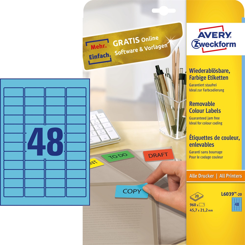 Etikett címke, 45,7 x21,2mm, univerzális visszaszedhető, 48 címke/ív, 20 ív/doboz, Avery kék - Image 2