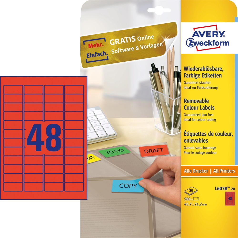 Etikett címke, 45,7 x21,2mm, univerzális visszaszedhető, 48 címke/ív, 20 ív/doboz, Avery piros - Image 2