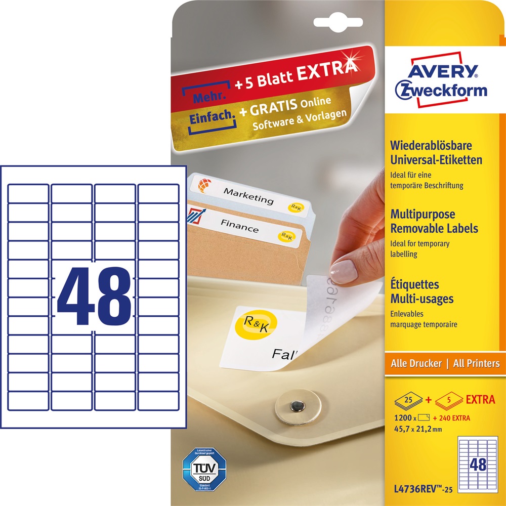 Etikett címke, 45,7 x21,2mm, univerzális visszaszedhető, 48 címke/ív, 25 ív/doboz, Avery fehér - Image 2
