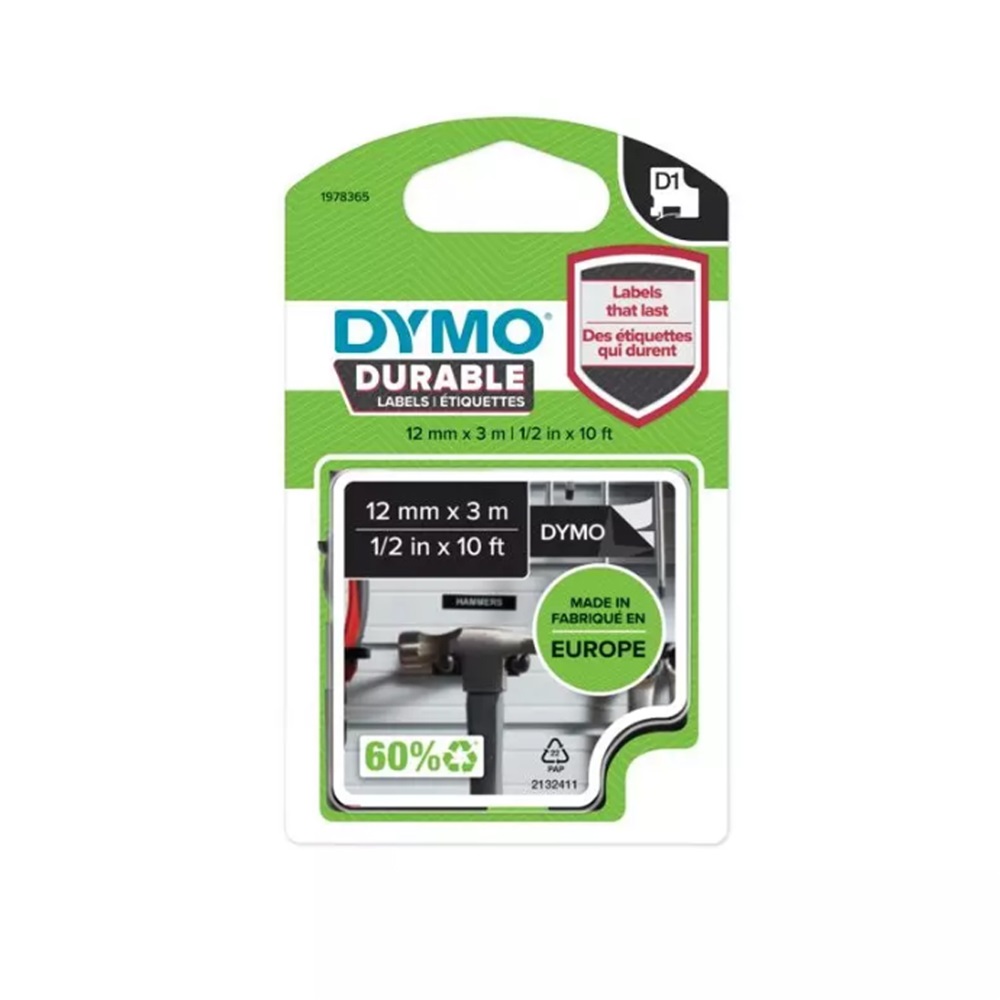 Feliratozógép szalag tartós Dymo D1 1978365 12mmx3m ORIGINAL fehér/fekete