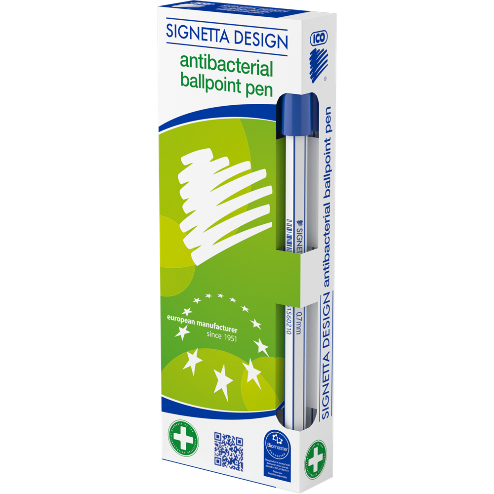 Golyóstoll 0,7mm, kupakos antibakteriális Ico Signetta, írásszín kék