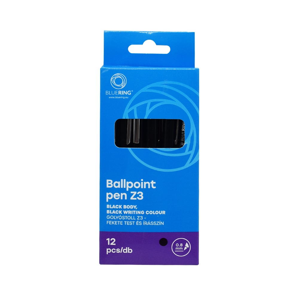 Golyóstoll 0,8mm, nyomógombos műanyag fekete test, Bluering® Z3, írásszín fekete - Image 2