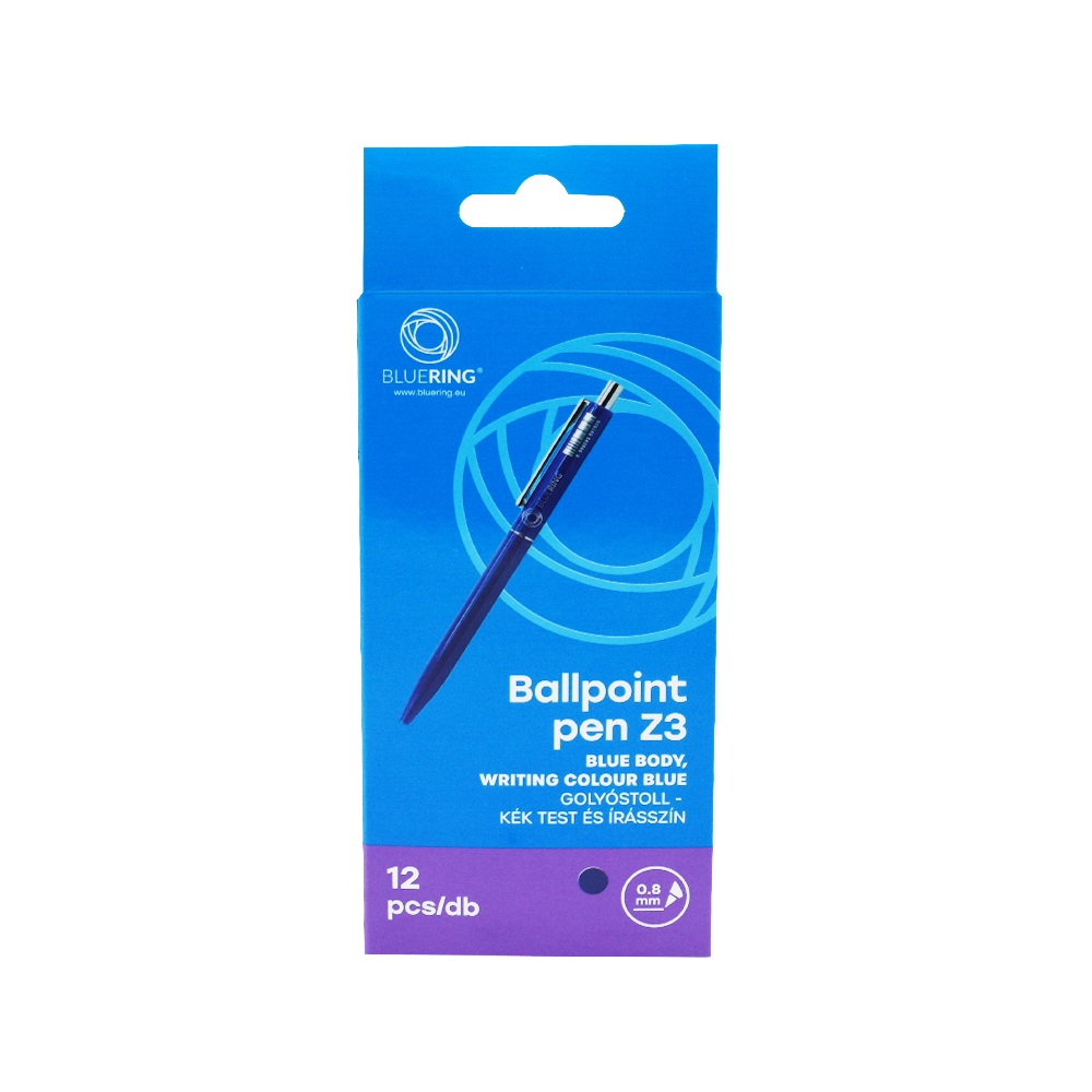 Golyóstoll 0,8mm, nyomógombos műanyag kék test, Bluering® Z3, írásszín kék - Image 3