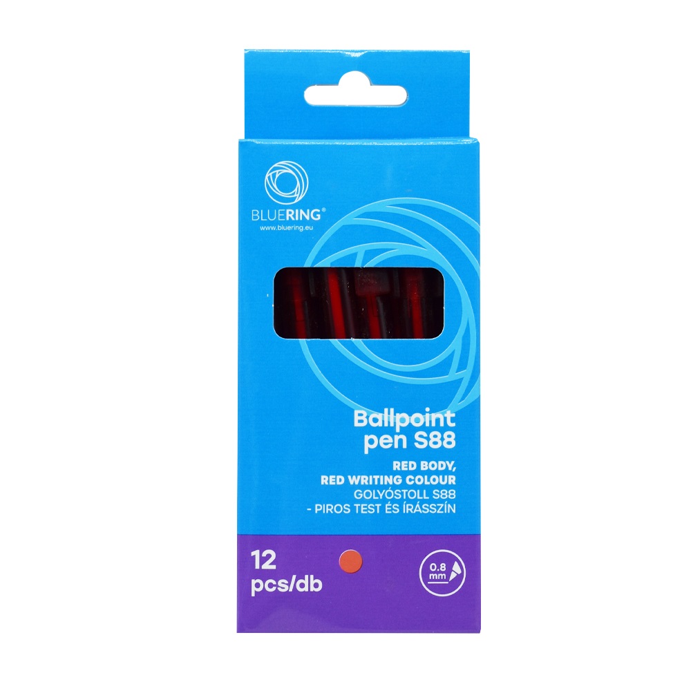 Golyóstoll 0,8mm, nyomógombos műanyag piros test, S88, Bluering® írásszín piros - Image 2