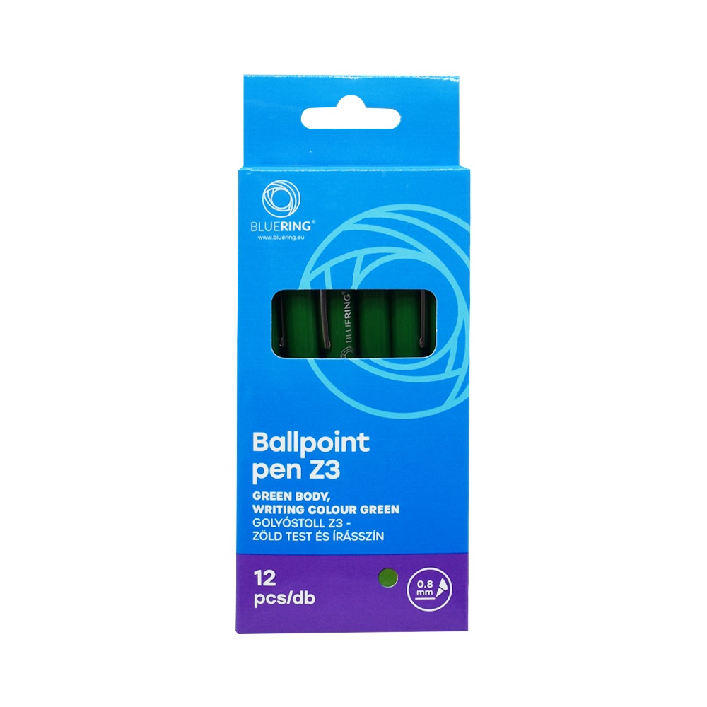 Golyóstoll 0,8mm, nyomógombos műanyag zöld test, Bluering® Z3, írásszín zöld - Image 2