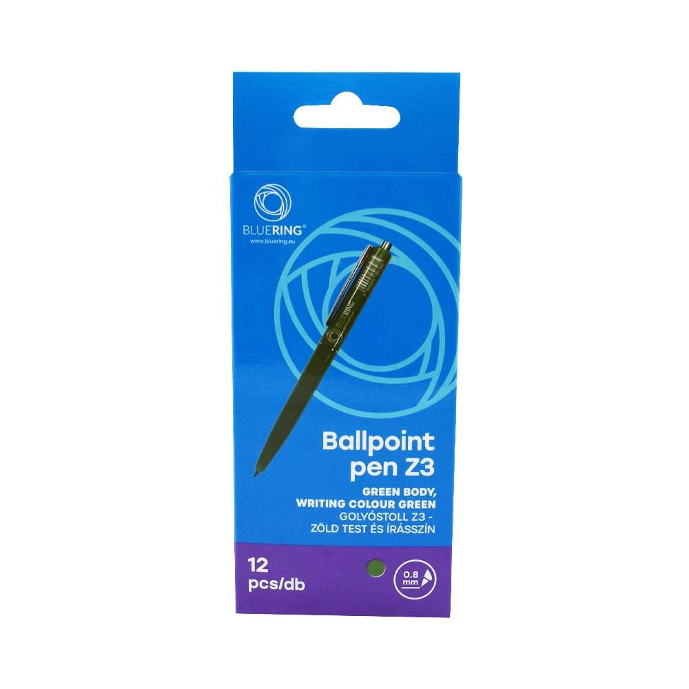 Golyóstoll 0,8mm, nyomógombos műanyag zöld test, Bluering® Z3, írásszín zöld - Image 3