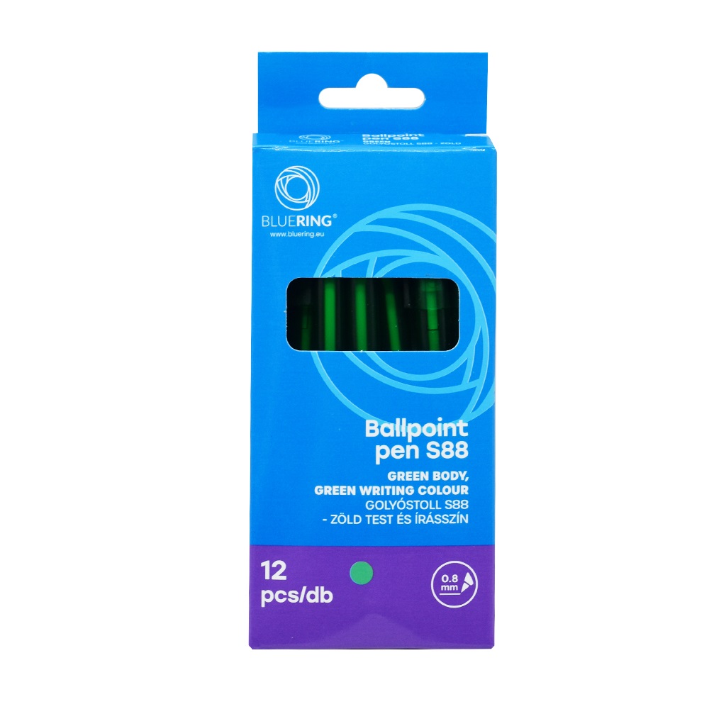 Golyóstoll 0,8mm, nyomógombos műanyag zöld test, S88, Bluering® írásszín zöld - Image 2