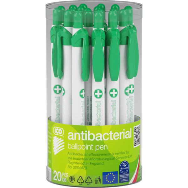 Golyóstoll nyomógombos antibakteriális műanyag test, 0,8mm, Ico, írásszín kék