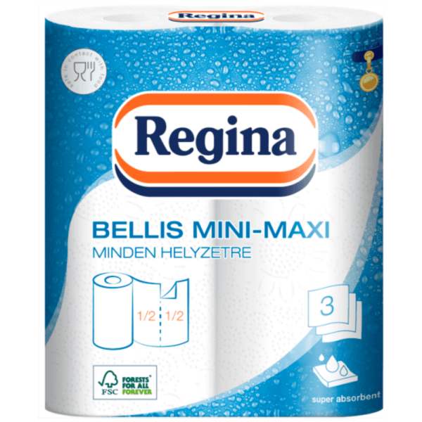 Háztartási papírtörlő kéztörlő 3 rétegű 100 lap/tekercs 2 tekercs/csomag Bellis Mini-Maxi fehér