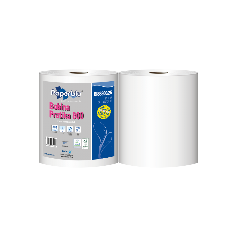 Ipari törlő 2 rétegű tekercses átmérő: 26 cm 800 lap/tek 2 tekercs/karton Paperdi Bobina Pratika 800_BI8S800/25_fehér