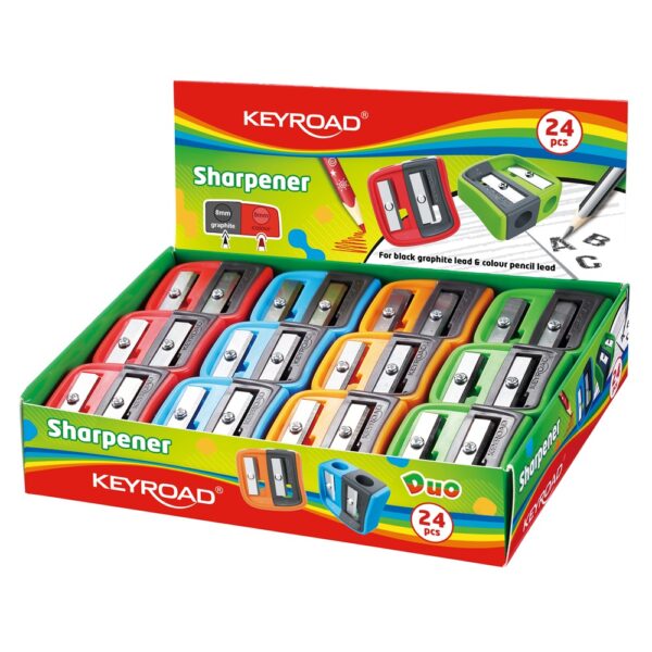 Hegyező, 2 lyukú, 24 db/display, Keyroad Dou-Power, vegyes színek