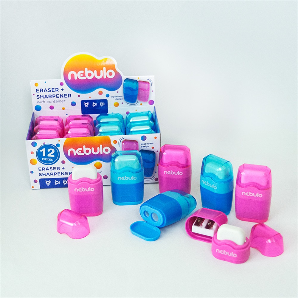 Hegyező 2 lyukú műanyag, tartályos+radír egyben 12 db/doboz, Nebulo vegyes színek - Image 2