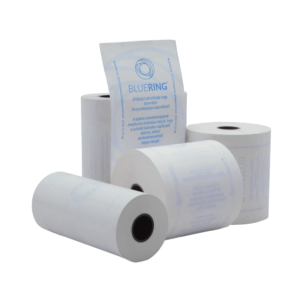 Hőpapír 110 mm széles, 28fm hosszú, cséve 12mm, 5 tekercs/csomag,  ( 110/50 ) BPA mentes Bluering® - Image 2