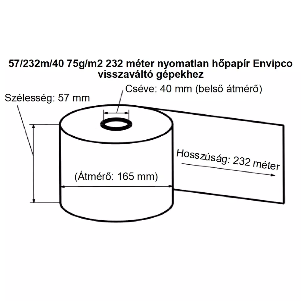 Hőpapír 57mm széles, 232fm hosszú, cséve 40mm, BPA mentes nyomatlan, ENVIPCO MOHU visszaváltó gépekhez - Image 2