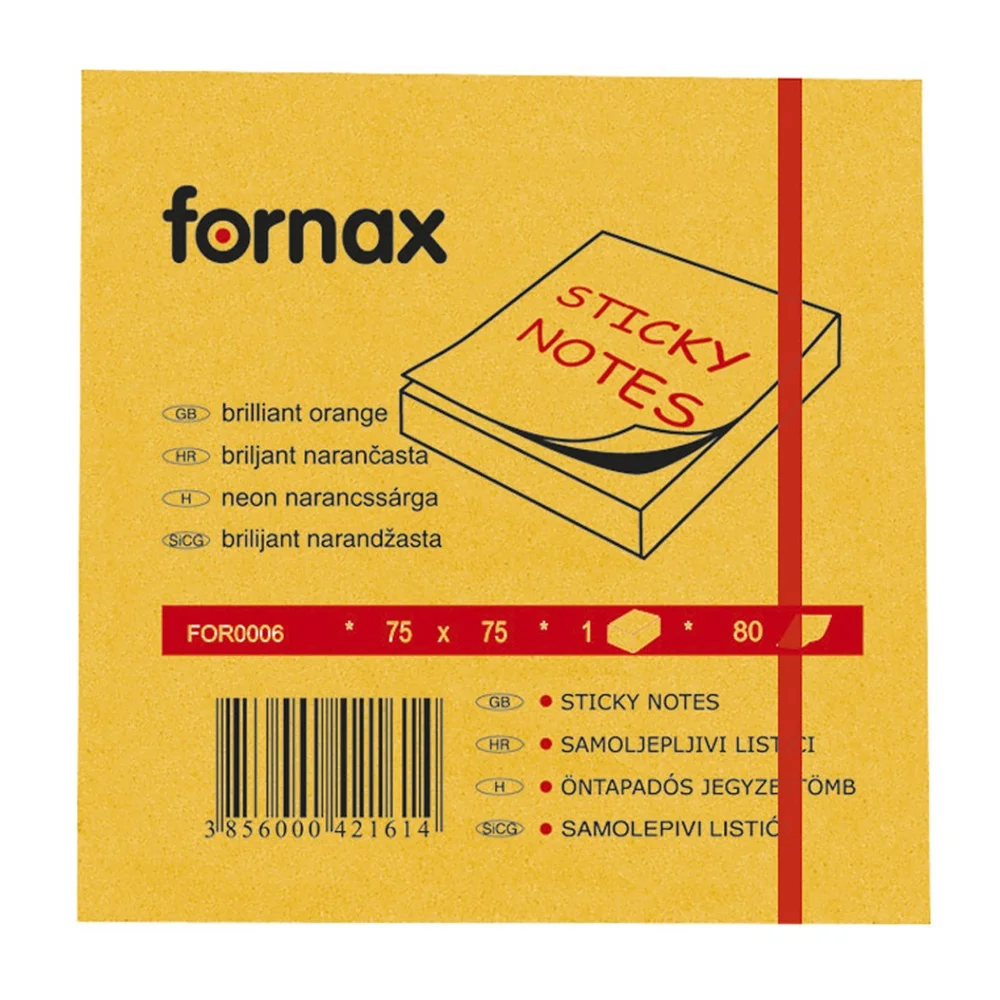 Jegyzettömb öntapadó, 75x75mm, 80lap, Fornax neon narancs
