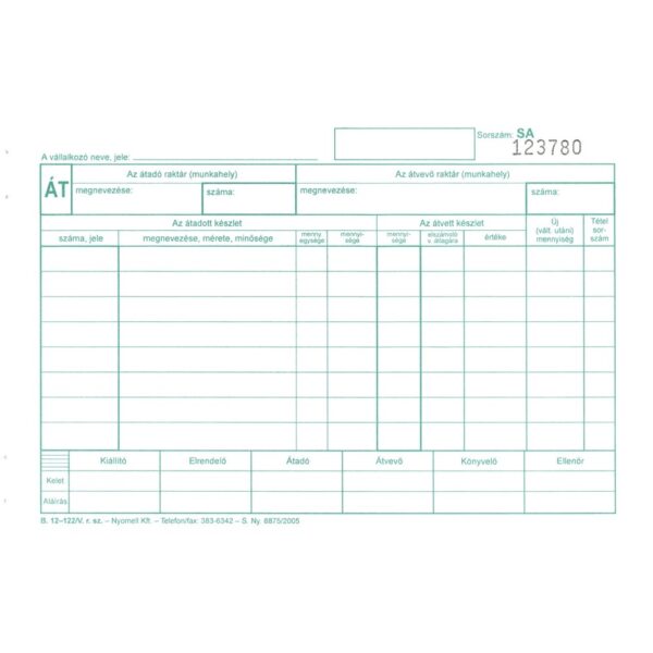 Készlet átadás átvételi bizonylat 8tételes 25x4 lapos tömb A/5 fekvő B.12-122