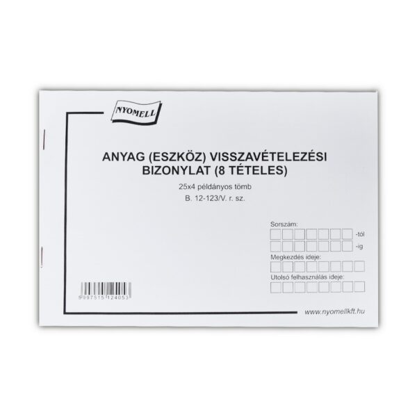 Készlet visszavételezési bizonylat 8 tételes 25x4 lapos tömb A/5 fekvő B.12-123/V Bluering