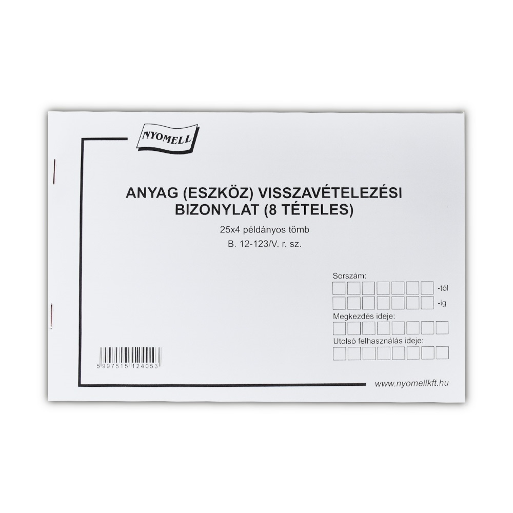 Készlet visszavételezési bizonylat 8 tételes 25x4 lapos tömb A/5 fekvő B.12-123/V Bluering
