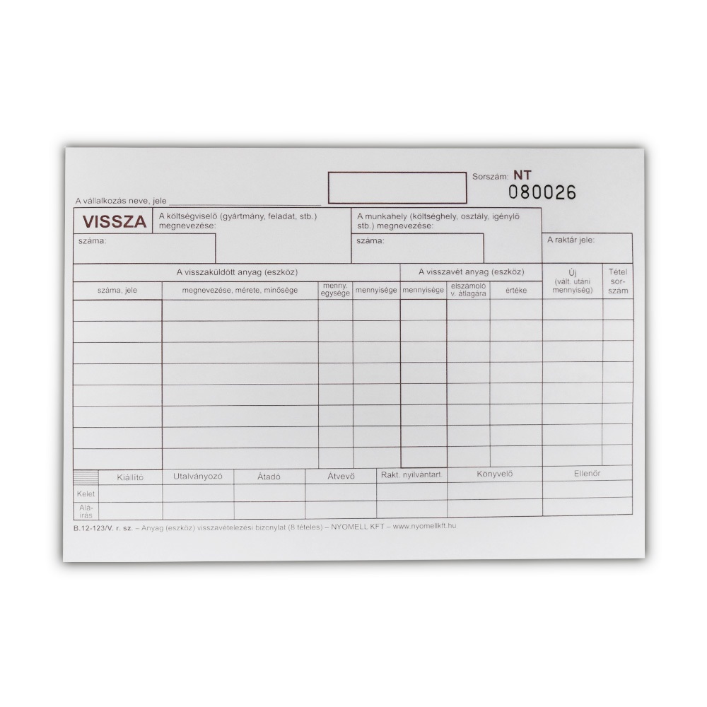 Készlet visszavételezési bizonylat 8 tételes 25x4 lapos tömb A/5 fekvő B.12-123/V Bluering - Image 2