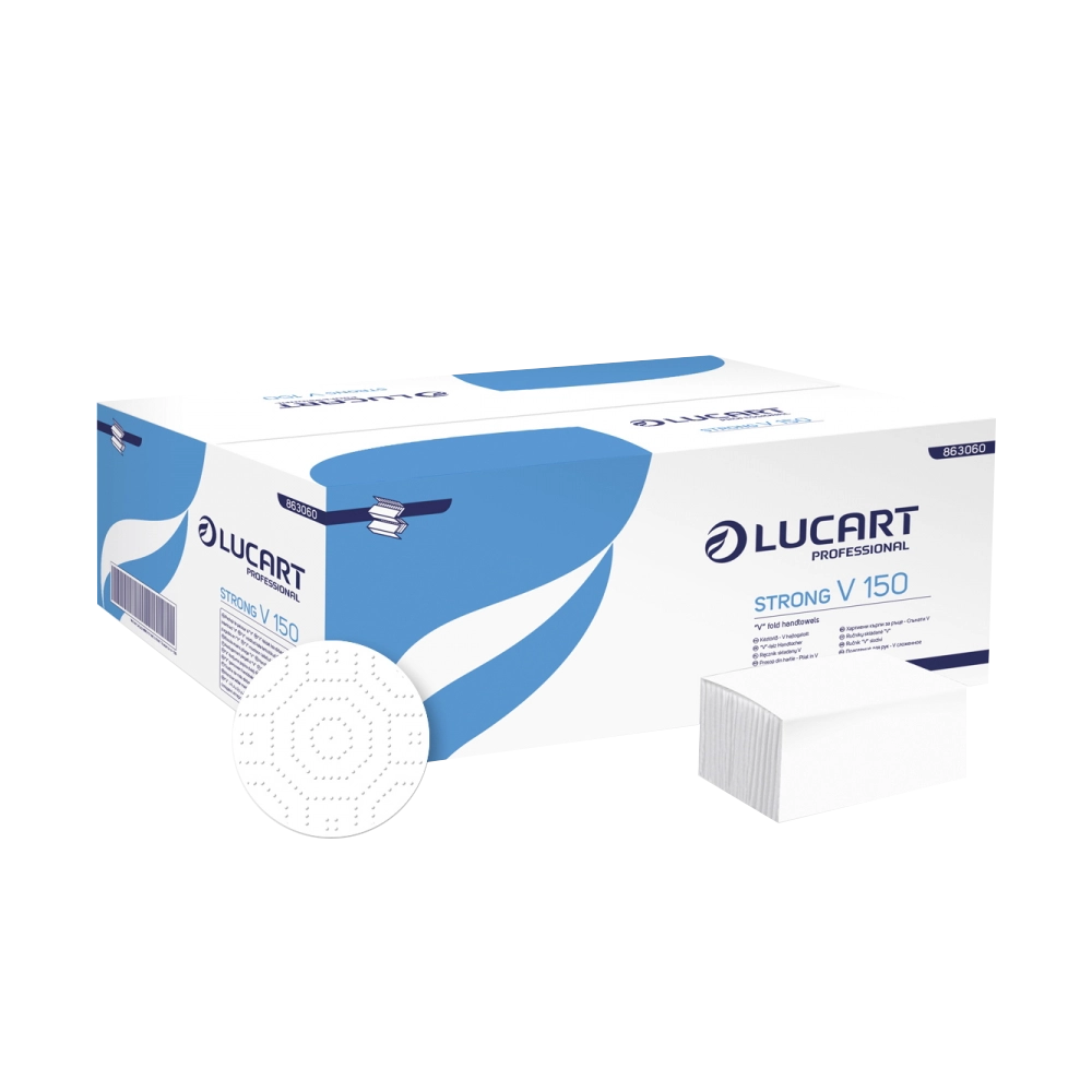 Kéztörlő 2 rétegű V hajtogatású 100 % cellulóz 190 lap/cs 20 cs/karton Lucart Strong V2.25_863051 hófehér
