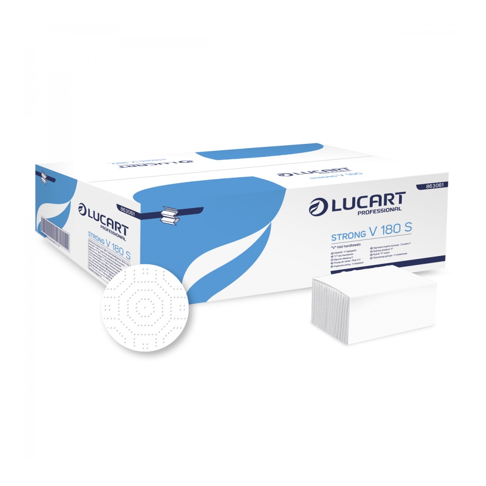 Kéztörlő 2 rétegű V hajtogatású 180 lap/csomag 18 cs/karton Strong Lucart_863061J fehér
