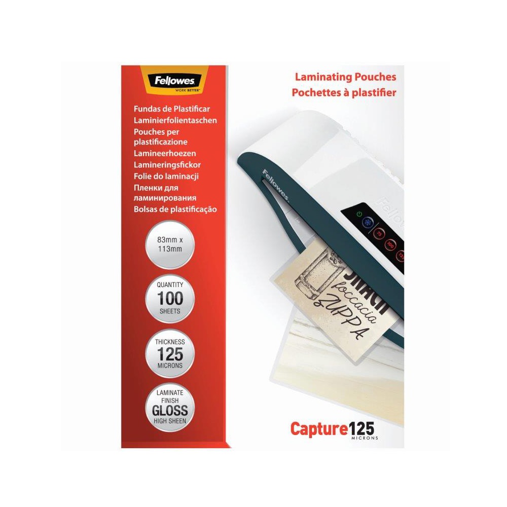 Lamináló fólia, 83x113mm, 125 mikron, fényes, 100 db/doboz, Fellowes®